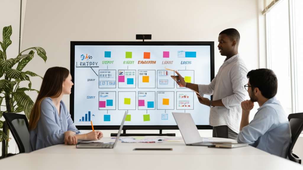 Strategic growth planning session with startup team collaborating on business strategy