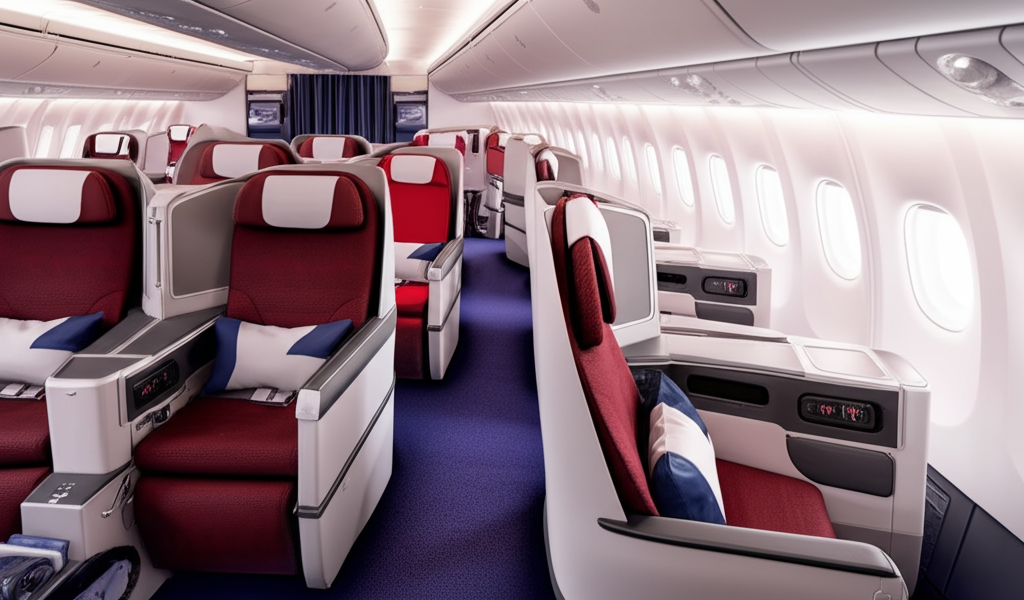 Premium airline cabin showing optimized seating arrangement for revenue maximization