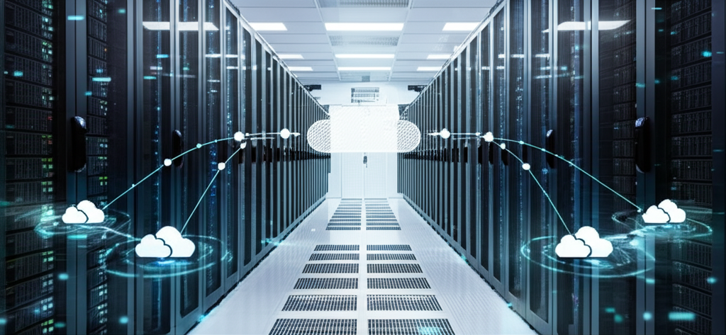 Modern data center with server racks and cloud infrastructure visualization