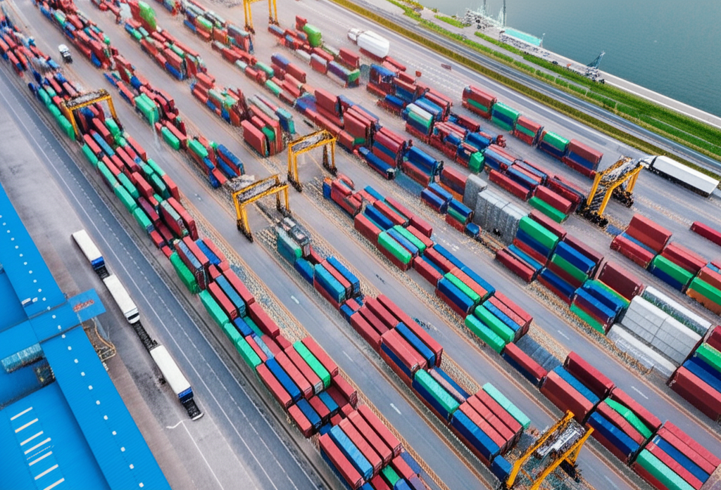 Aerial view of a logistics facility with shipping containers and organized operations